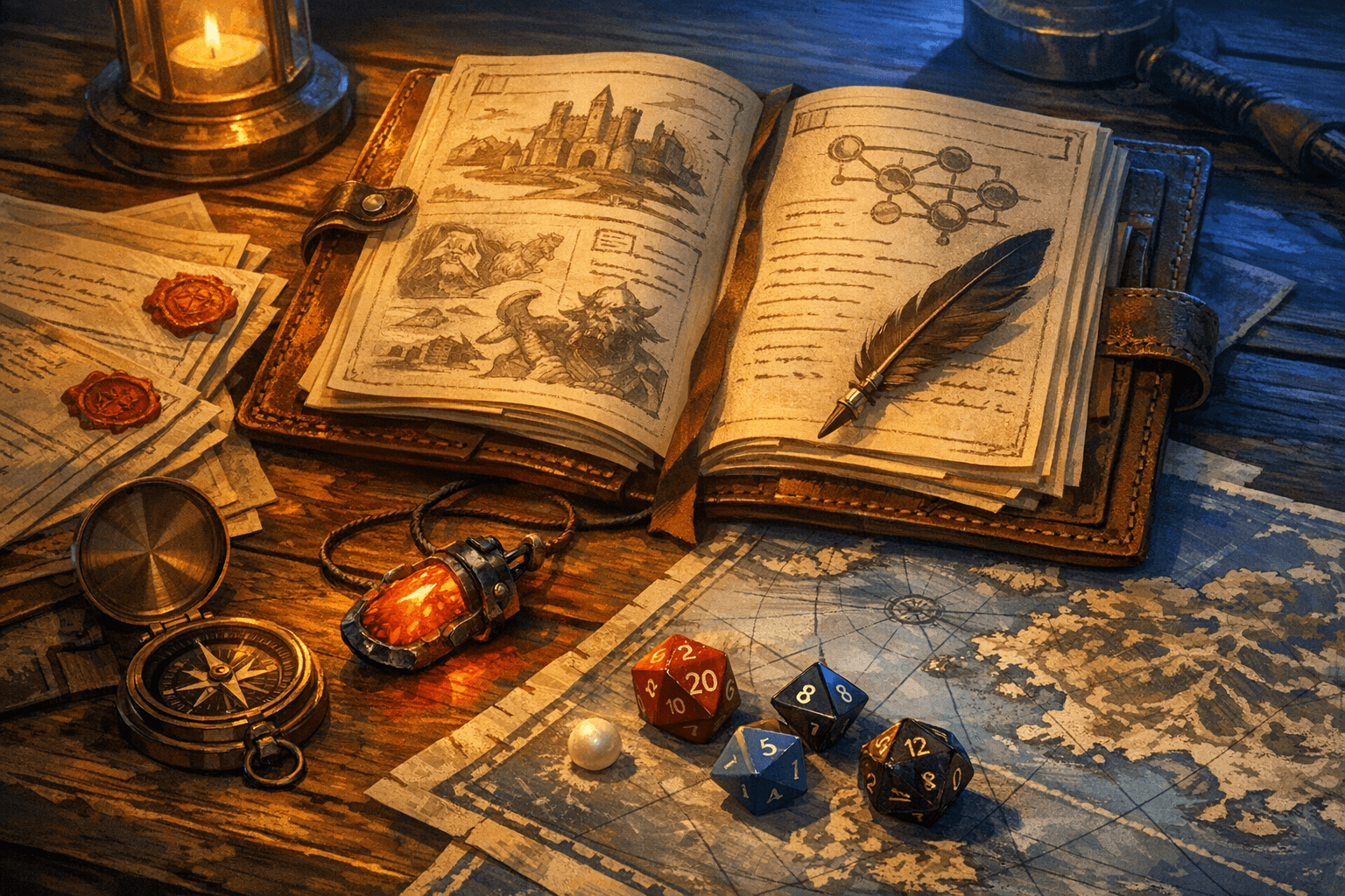 An open campaign notebook with dice and map